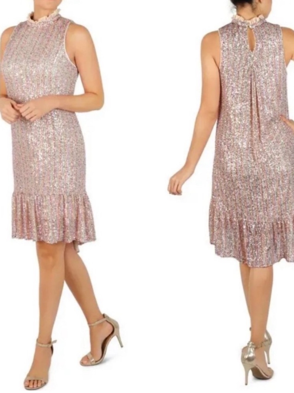 🩷NWT Julia Jordan Mock Neck Sleeveless Sequin Ruffle-Hem Dress in Rose Gold 8🩷